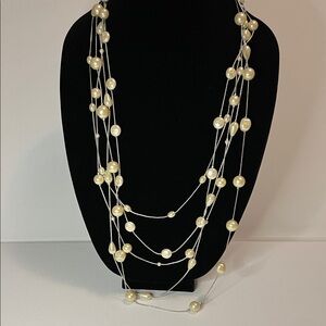 Silver toned Multi-Strand Ivory Faux Pearl Necklace Glamorous Style Long Length